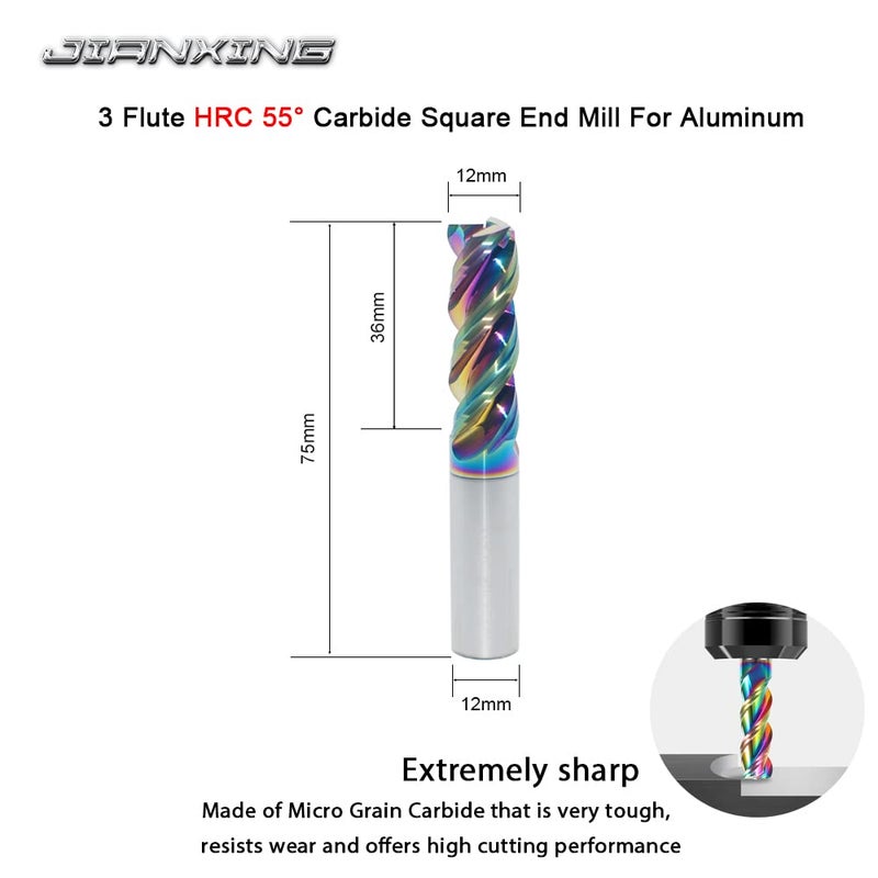 JIANXING 12mm Carbide Square End Mill for Aluminum & Copper Applications, 3-Flute, HRC 55 Deg, 12mm Cutting Diameter, 75mm Length, High Feed U-Type Design, for Roughing and Finishing (1 Pieces) - Image 2